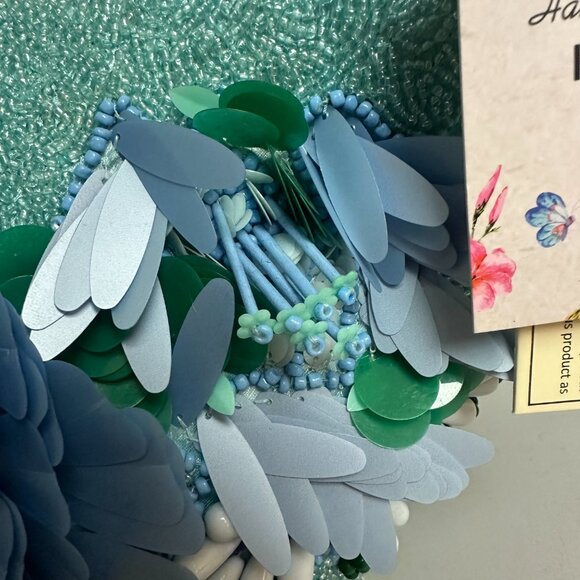 seafoam green blue floral rose Beaded Bag top handle‎ Made in India TikTok zip - Picture 3 of 5